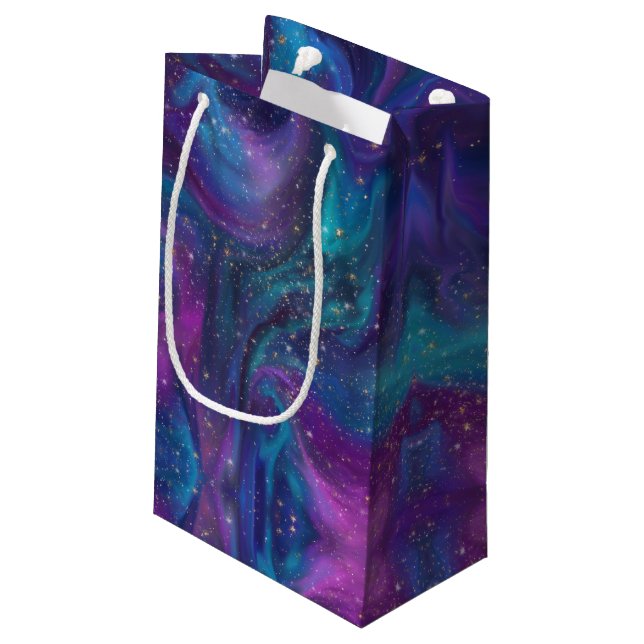 Cosmic Ink | Turquoise Blue Purple Galaxy Nebula Small Gift Bag (Back Angled)