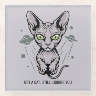 Cosmic Judging Sphynx Cat Art Glass Coaster