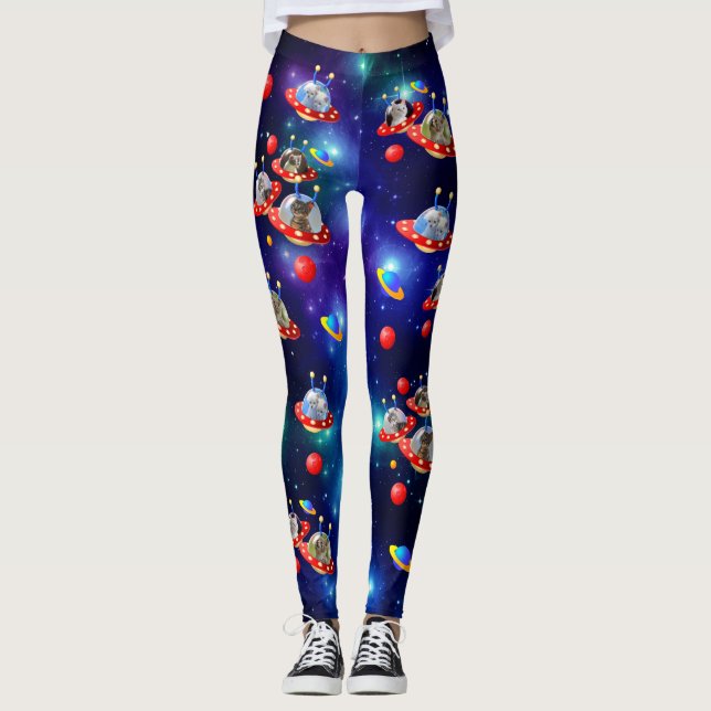 Cosmic Kittens in Alien Spaceship UFO Sci-fi Scene Leggings (Front)