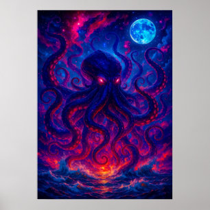 Cosmic Kraken Rising from the Ocean Fantasy Poster