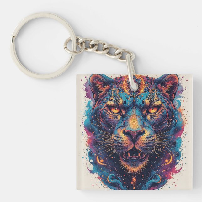 Cosmic Leopard Portrait With Mystical Effect Key Ring (Front)