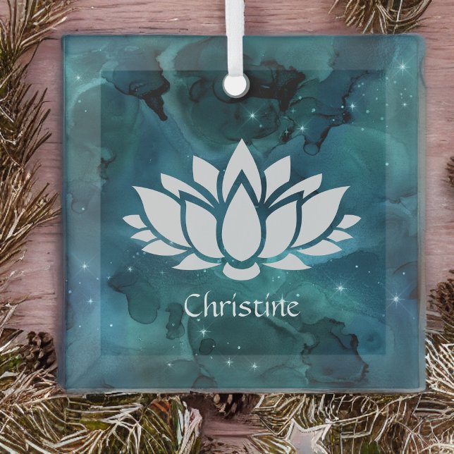 Cosmic Lotus Flower in Teal Universe Glass Tree Decoration (Creator Uploaded)