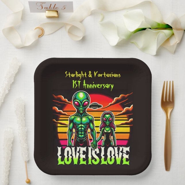 Cosmic Love Shared by Alien Couple Paper Plate (Wedding)