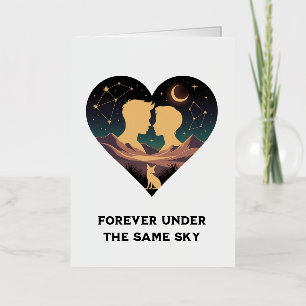 Cosmic Love Story Heart with Lovers and Fox Art Foil Greeting Card