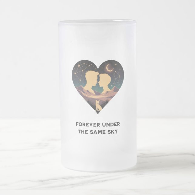 Cosmic Love Story Heart with Lovers and Fox Art Frosted Glass Beer Mug (Center)