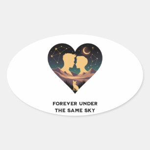 Cosmic Love Story Heart with Lovers and Fox Art Oval Sticker