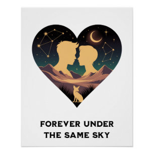 Cosmic Love Story Heart with Lovers and Fox Art Poster