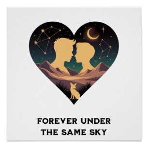 Cosmic Love Story Heart with Lovers and Fox Art Poster