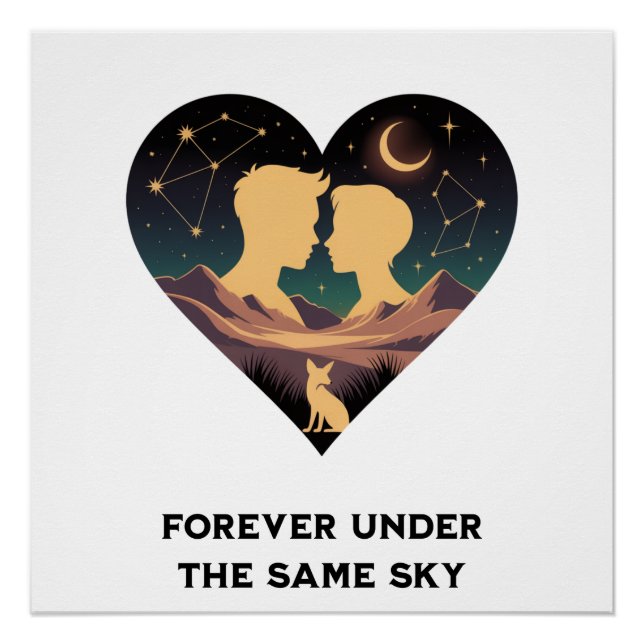 Cosmic Love Story Heart with Lovers and Fox Art Poster (Front)