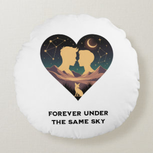 Cosmic Love Story Heart with Lovers and Fox Art Round Cushion