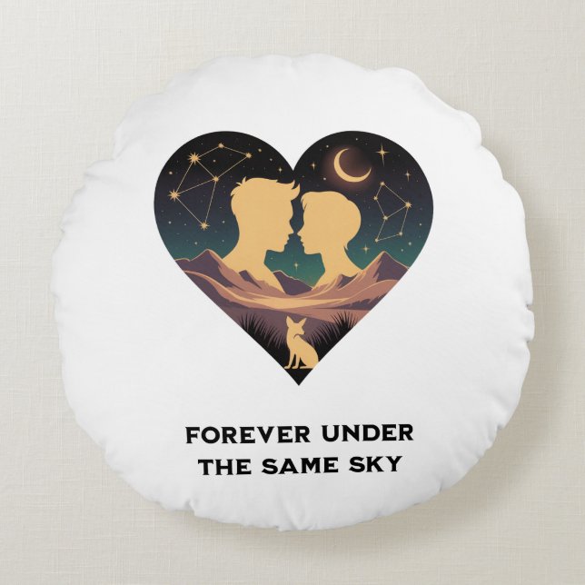 Cosmic Love Story Heart with Lovers and Fox Art Round Cushion (Front)