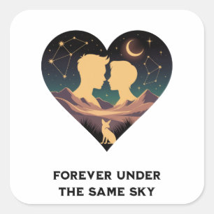 Cosmic Love Story Heart with Lovers and Fox Art Square Sticker