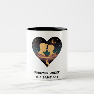 Cosmic Love Story Heart with Lovers and Fox Art Two-Tone Coffee Mug