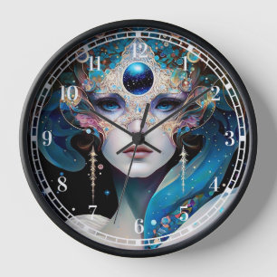 Cosmic Masked Goddess Queen Fantasy Art Clock