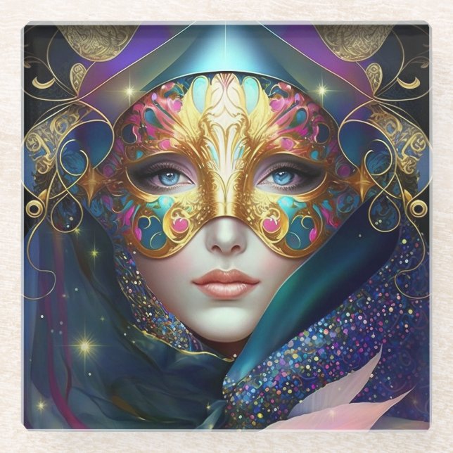 Cosmic Masked Goddess Queen Fantasy Art Glass Coaster (Front)