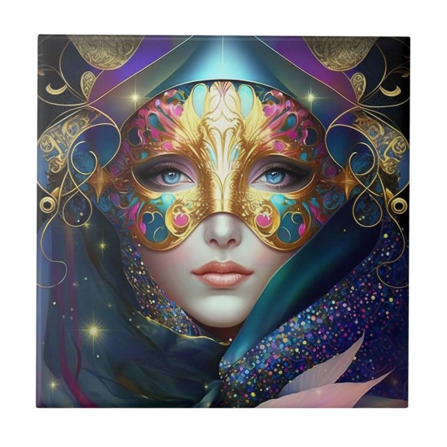 Cosmic Masked Goddess Queen Fantasy Art Tile (Front)