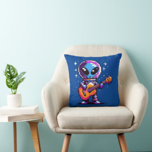 Cosmic Melody: 8-Bit Alien with Guitar Cushion