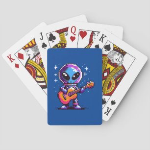 Cosmic Melody: 8-Bit Alien with Guitar Playing Cards