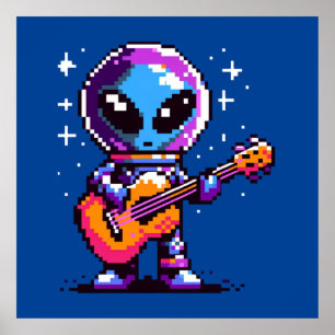 Cosmic Melody: 8-Bit Alien with Guitar Poster