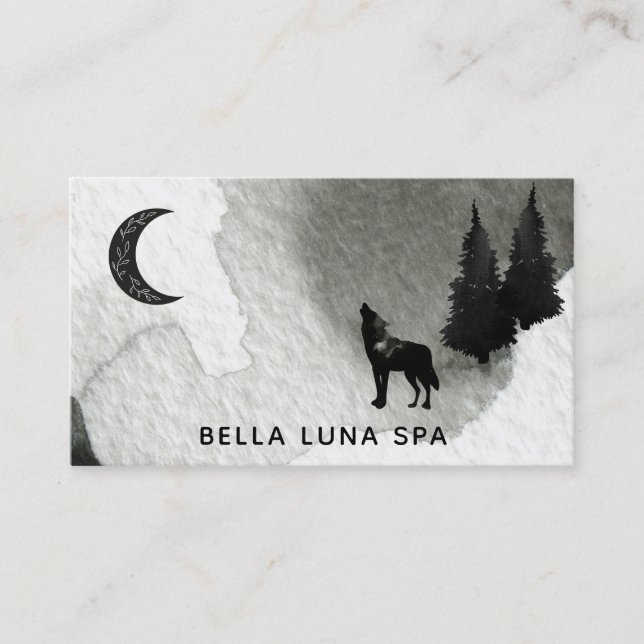 *~* Cosmic Moon Howling Wolf Lunar Pine Trees Business Card (Front)
