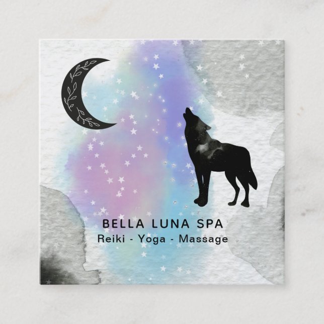 *~* Cosmic Moon Howling Wolf Rainbow Shaman Square Business Card (Front)