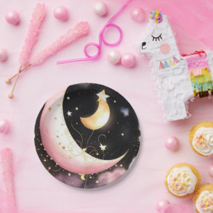 Cosmic Moon Stars Watercolor Girl Baby Shower Paper Plate
