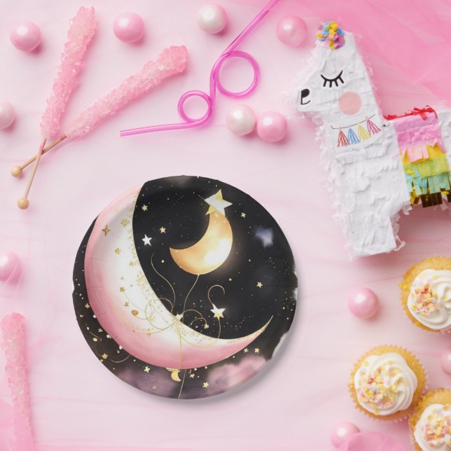 Cosmic Moon Stars Watercolor Girl Baby Shower Paper Plate (Party)