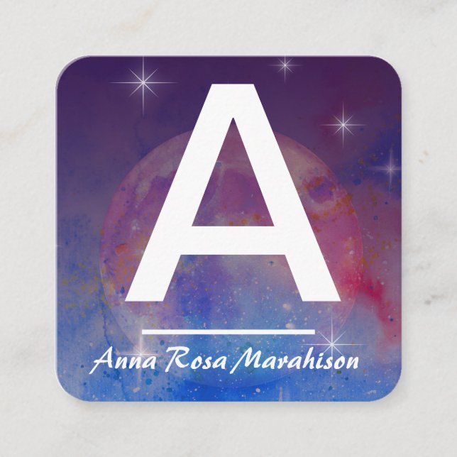 *~* Cosmic Moon Trendy INITIAL QR LOGO PHOTO  Square Business Card (Front)