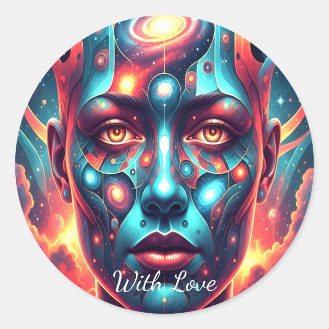 Cosmic Mosaic Face "With Love" Classic Round Sticker (Front)
