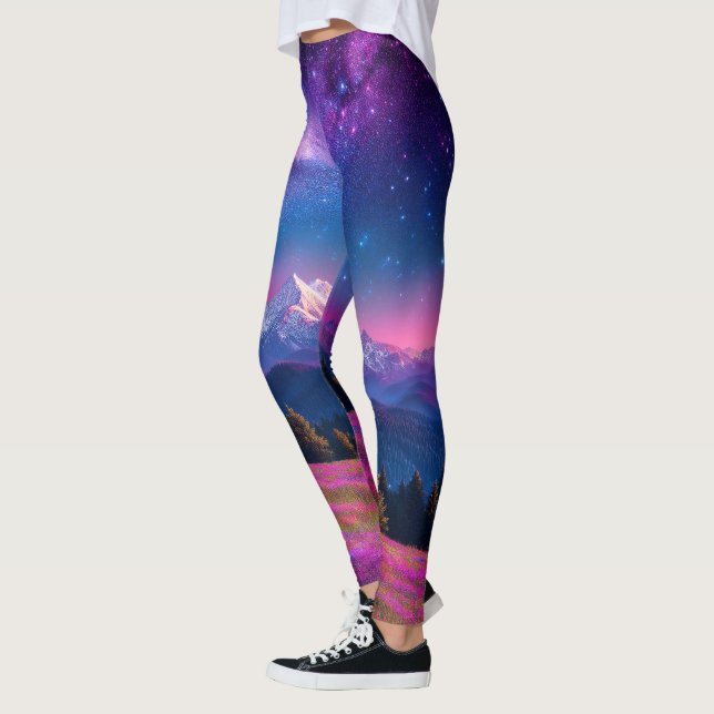 Cosmic Mountain Neon Galaxy Nature Fantasy Leggings (Left)