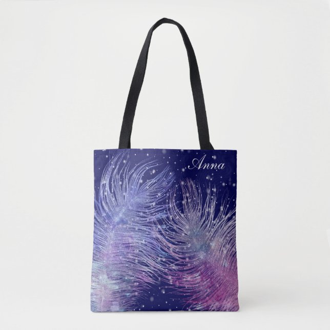 *~* Cosmic Mystical Celestial Feathers Night Blue Tote Bag (Front)