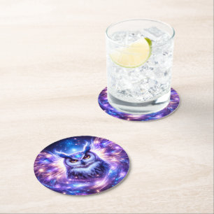 Cosmic Mystical Wisdom Celestial Spiritual Owl  Round Paper Coaster