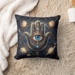 Cosmic Navy Gold Celestial Hamsa Evil Eye Cushion
