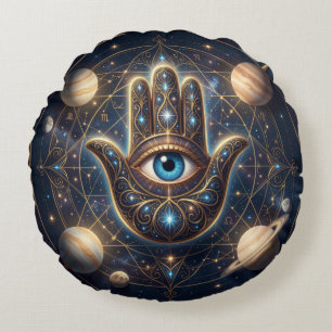  Cosmic Navy Gold Celestial Hamsa Evil Eye Round Cushion