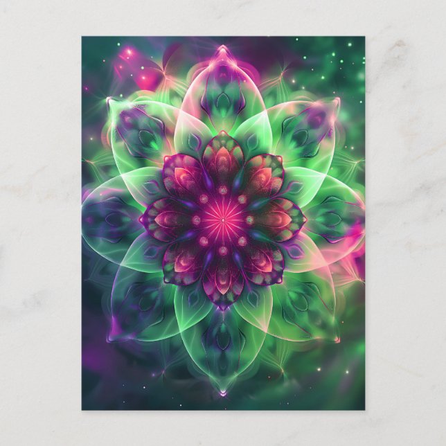 Cosmic Neon Flower Mandala Postcard (Front)