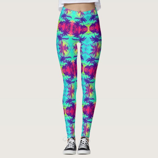 Cosmic Neon Palm Trees Pattern Leggings (Front)