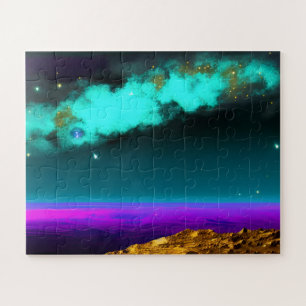 Cosmic Neon Purple Sky Over Awesome Planet Jigsaw Puzzle