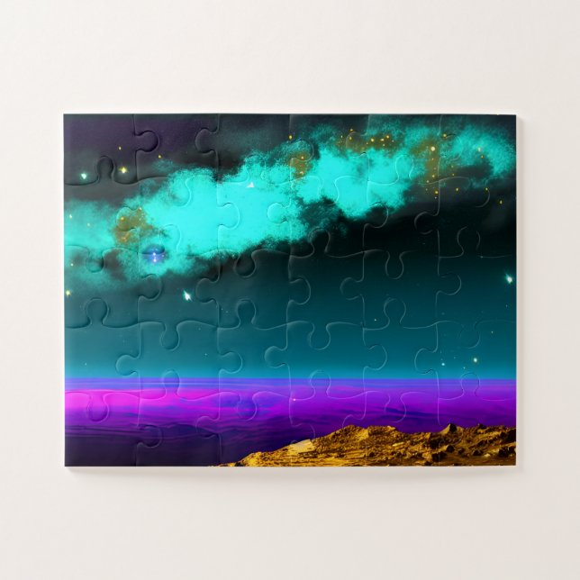 Cosmic Neon Purple Sky Over Imaginary Planet Jigsaw Puzzle (Horizontal)