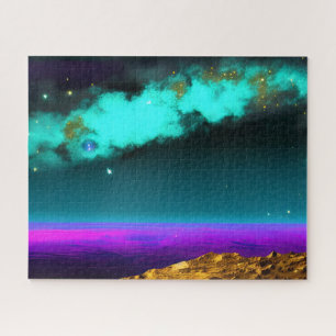 Cosmic Neon Purple Sky Over Majestic Planet Jigsaw Puzzle