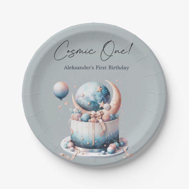 Cosmic One! Celestial 1st Boy Birthday  Paper Plate (Front)