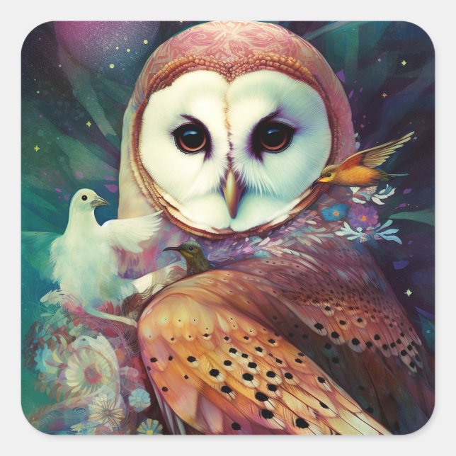 Cosmic Owl Fantasy Art Square Sticker (Front)
