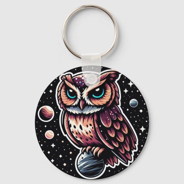 Cosmic Owl Illustration - owl, space, artwork Key Ring (Front)