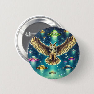 Cosmic Owl Nightscape - UFOs in the sky 6 Cm Round Badge