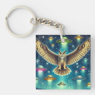 Cosmic Owl Nightscape - UFOs in the sky Key Ring