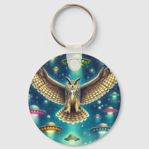 Cosmic Owl Nightscape - UFOs in the sky Key Ring