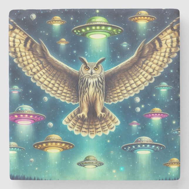 Cosmic Owl Nightscape - UFOs in the sky Stone Coaster (Front)