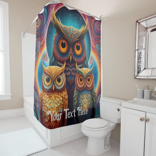 Cosmic Owl: Vibrant Wisdom Shower Curtain (In Situ)