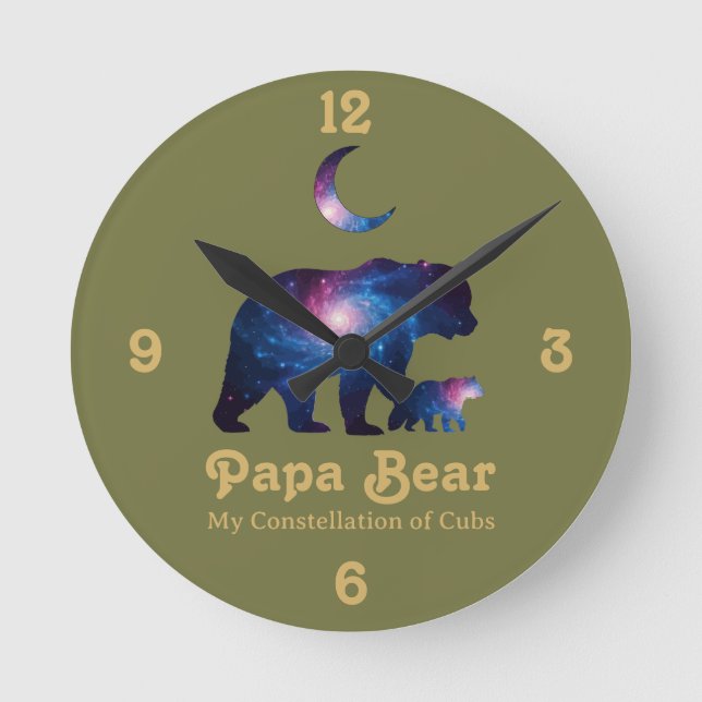 Cosmic Papa Bear & Cub Round Clock (Front)