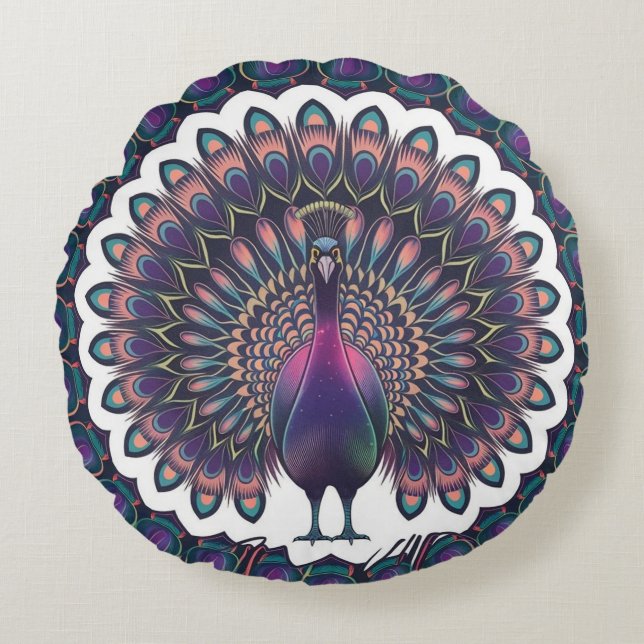 Cosmic Peacock Mandala Throw Pillow (Front)