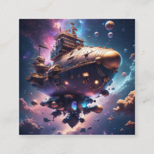 Cosmic pirate ship floating in space square business card